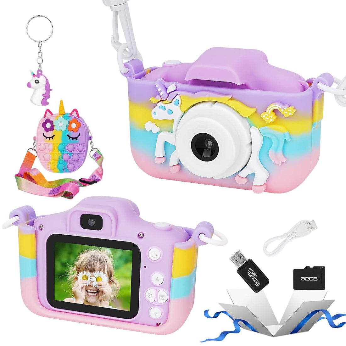 Kids Camera for Girls, Kids Camera Unicorn Camera, Kids Toys for Girls Age 3 4 5 6 7 8 Year Old, Kids Digital Camera, 8X Zoom HD 1080P 32GB SD Card with Unicorn Pop Purse Gift