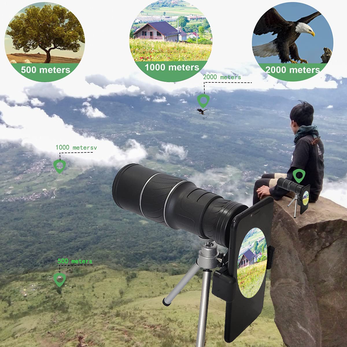 Akingshop Monocular Telescope, 8x40 Waterproof Monocular with Smartphone Holder & Tripod, Clear FMC BAK4 Prism Pocket Telescope, Great for Birds Watching, Wildlife, Hunting, Camping, Hiking, Tourism