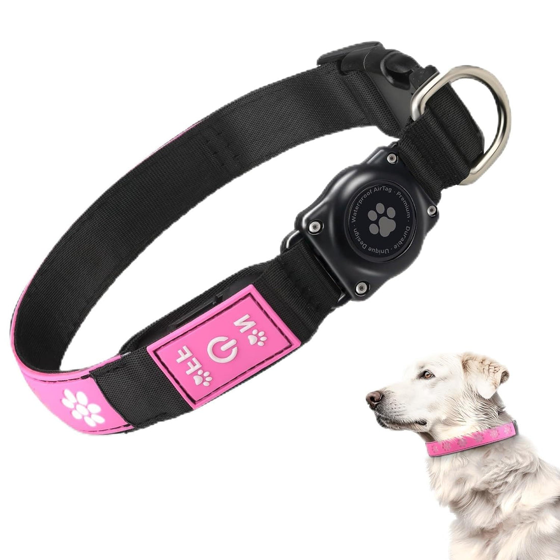 LED AirTag Dog Collar - Brightest Light Up Dog Collars - IP67 Waterproof Air Tag Dog Collar Holder - 1,600 Feet of High Visibility - USB C Rechargeable - Dog Lights for Night Walking