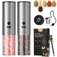 MOVNO Upgraded Electric Salt and Pepper Grinder Set-USB Rechargeable Automatic Pepper Grinder and Salt Grinder,Brushed Silver