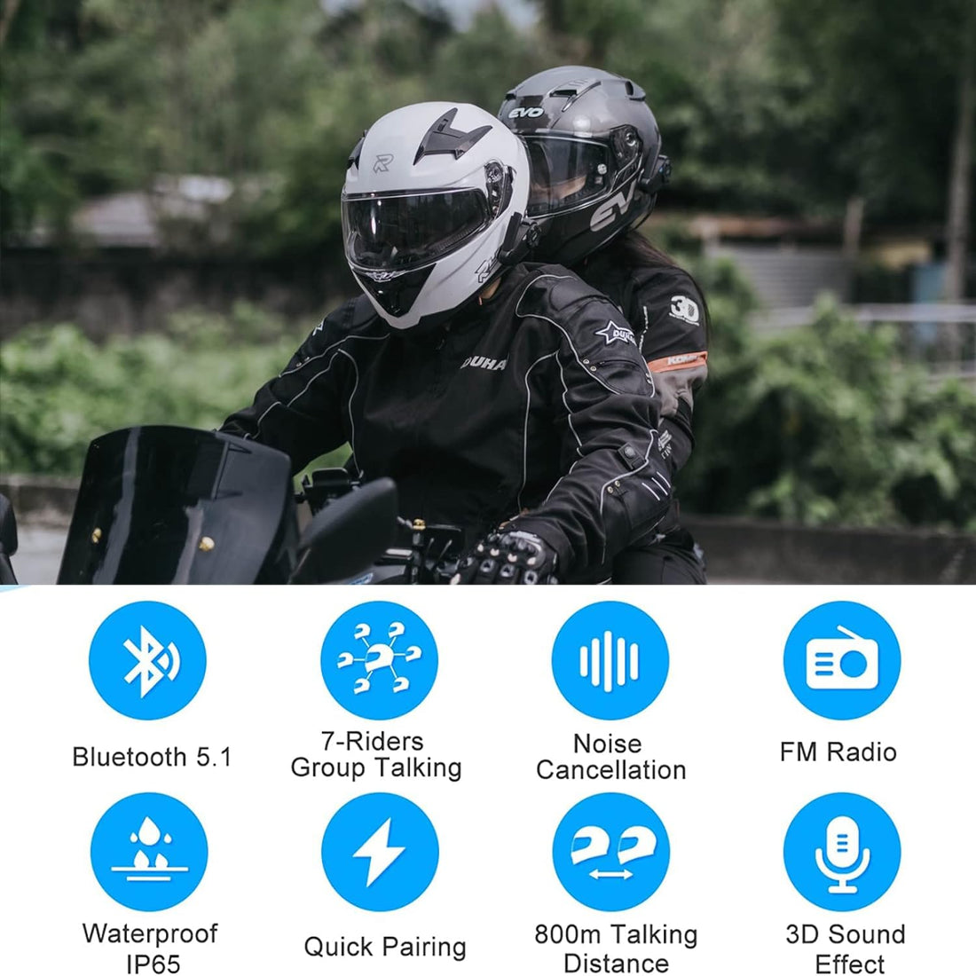 EJEAS Q7 Motorcycle Helmet Headset Intercom, Bluetooth 5.1 Motorbike Helmet Interphone Communication System Connect Up to 7 Riders(2 Pack)