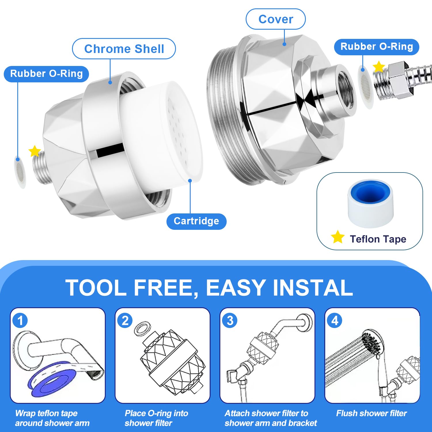 Iopsk 15-Stage Shower Filter,Shower Head Filter for Hard Water,with 2 Replaceable Filter Cartridges,High Output Shower Water Filter to Remove Chlorine and Fluoride(Polished Chrome)