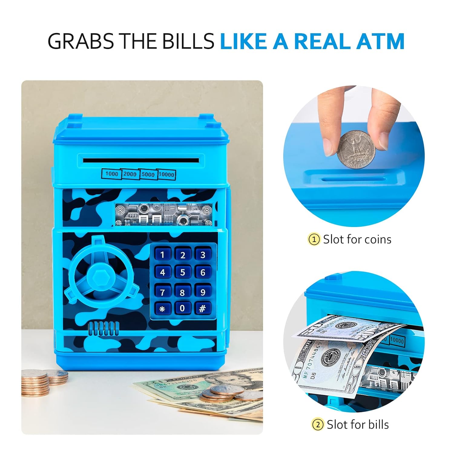 ATM Piggy Bank for Boys Girls, Vcertcpl Mini ATM Coin Bank Money Saving Box with Password, Kids Safe Money Jar for Adults with Auto Grab Bill Slot, Great Gift Toy Bank for Kids (Camouflage Blue)