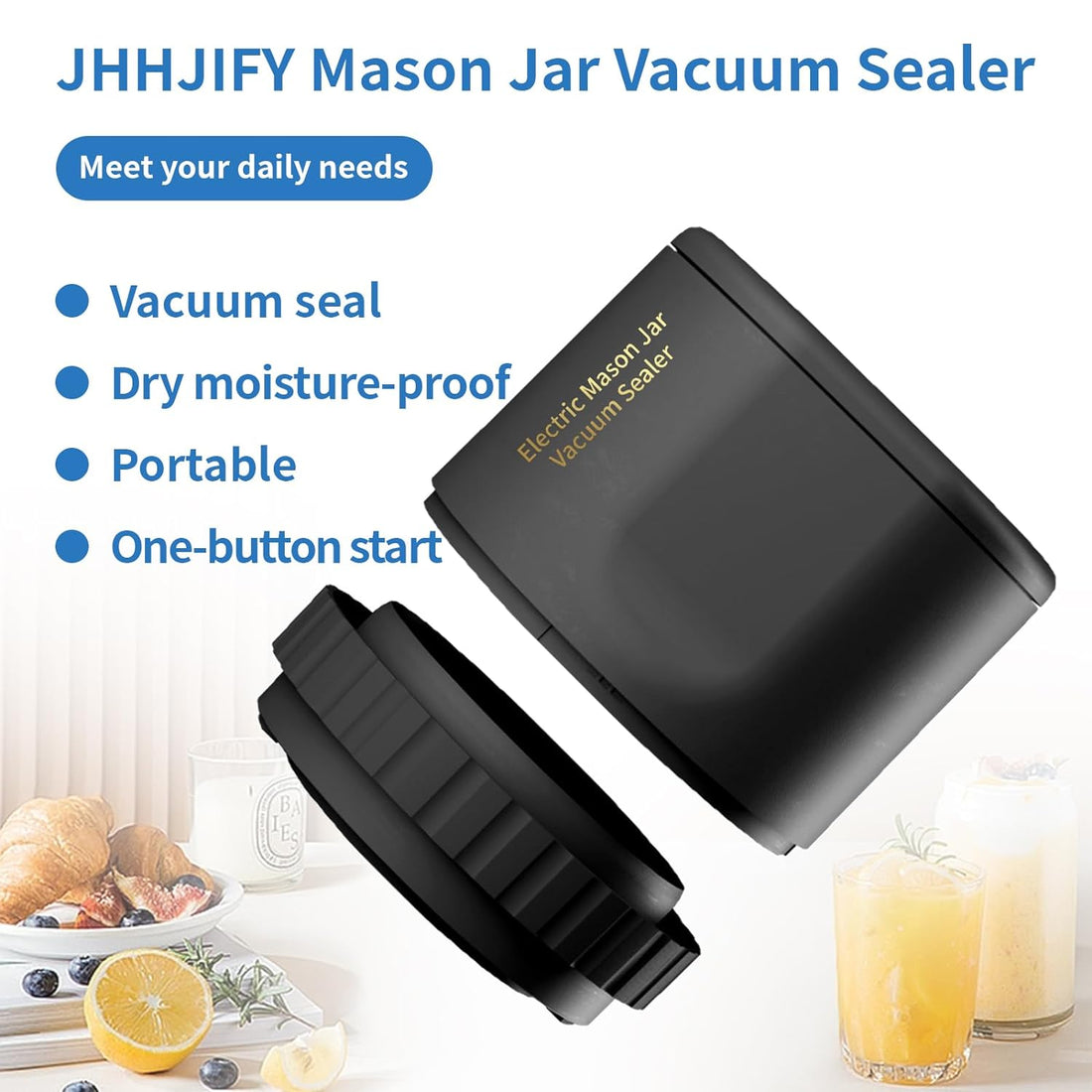 JHHJIFY Electric Mason Jar Vacuum Sealer, Strong Suction Vacuum Sealer for Canning Mason Jars with Wide & Regular Mouth, Vacuum Sealing Machine for Food Storage and Fermentation