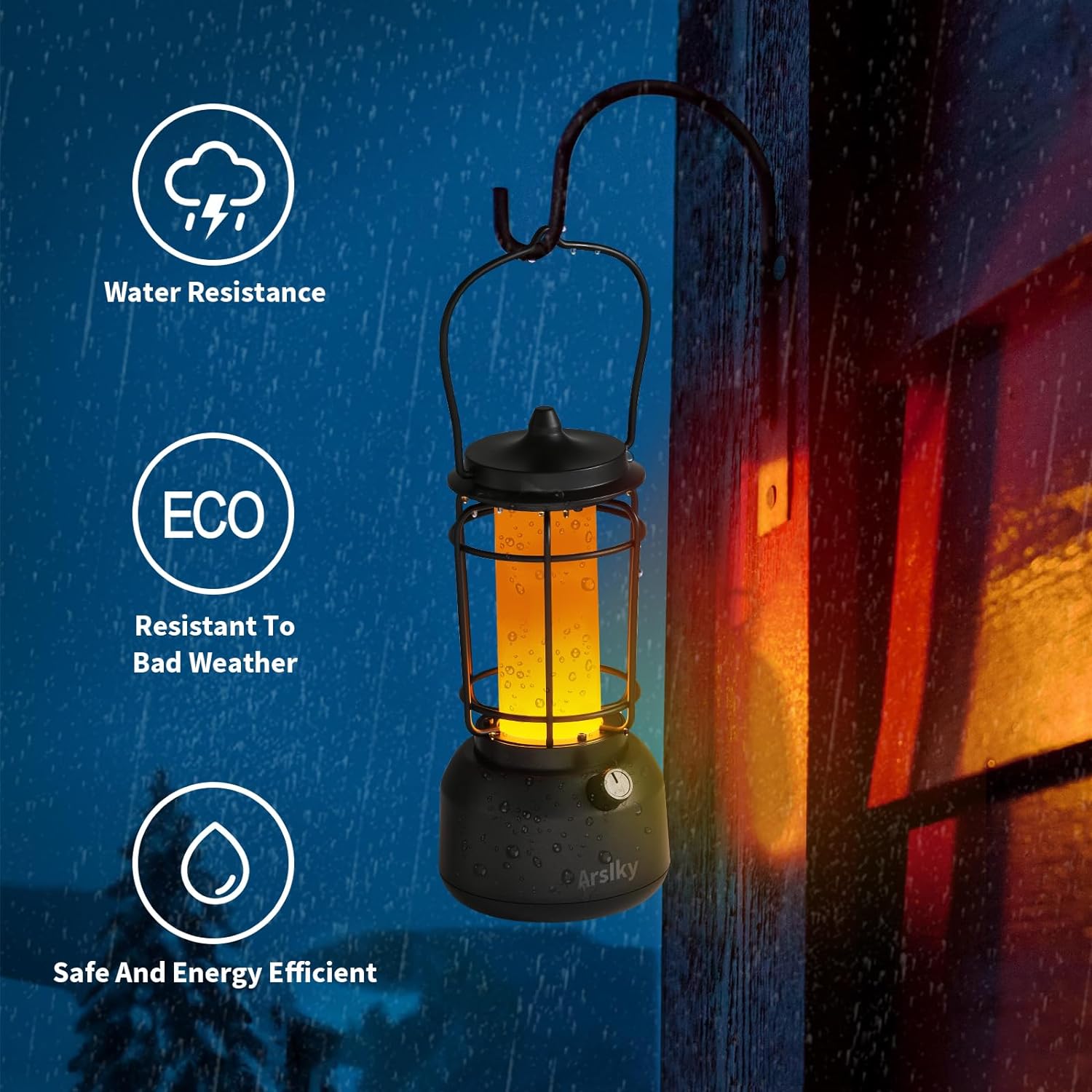 Outdoor Lights,Porch Lights,Arslly Flickering Flames Outdoor Lanterns for Patio Waterproof Wall Lights USB Rechargeable Type C Output,LED Camping Lantern for Home Party Garden with Free Hook