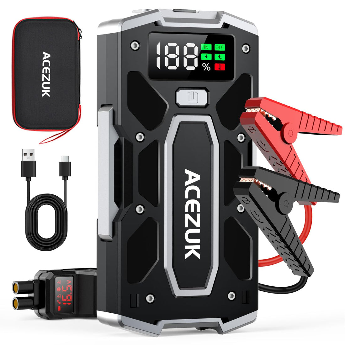 ACEZUK Car Battery Jump Starter 5000A Jump Box (10.0L Gas/8.0L Diesel), Portable Car Starter Battery Pack with Extended Smart Jumper Cables, Quick Charge, Large Display, Lights