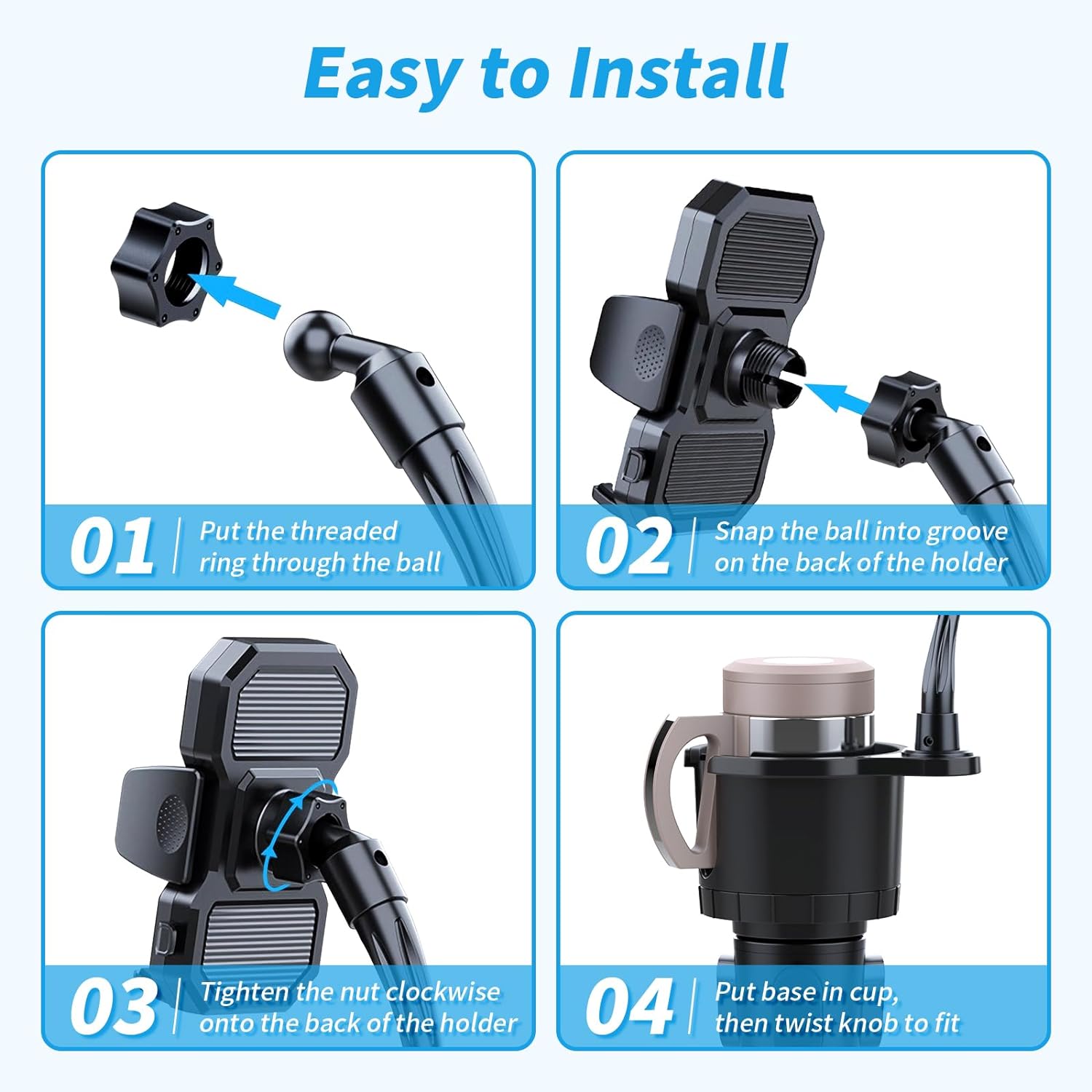 Car Phone Holder Mount Cellphone Holder Car Cup Holder Expander with Phone Mount, 2 in 1 Automotive Cell Phone Drink Holder Adapter with Adjustable Base Long Gooseneck 360° Rotation