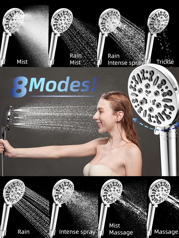 Coenna 8 Spray Mode Handheld Shower Head with Filter High Pressure 4.72" Shower Head Set, and Hard Water Filter Shower Head (Chrome)