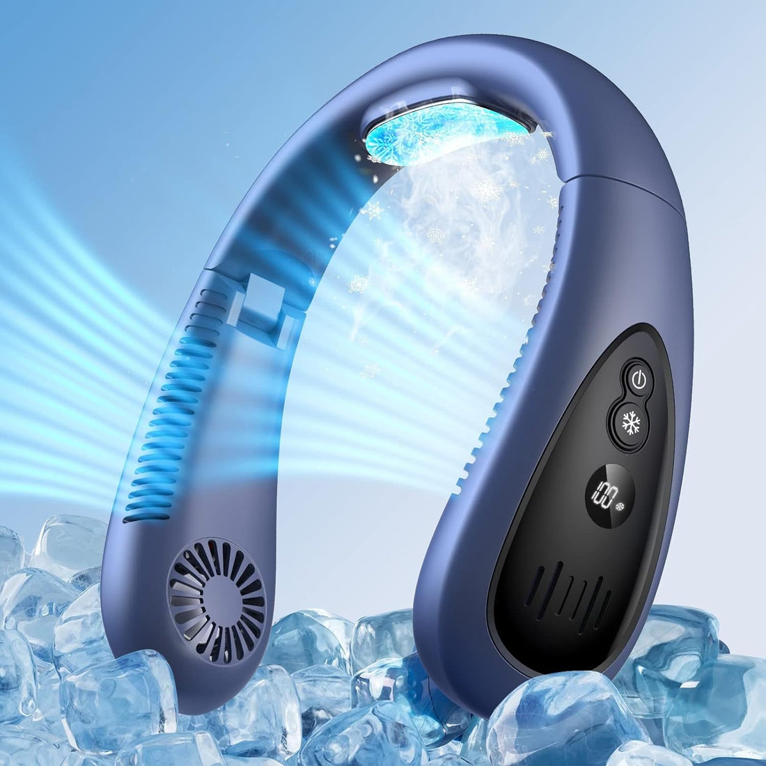 Neck Air Conditioner, 5000mAh Portable Neck Fan with Semiconductor Cooling Airflow Bladeless USB Neck Fans Portable Rechargeable with 3 Speeds, LED Display, Personal Fan for Outdoor Travel Indoor-Blue