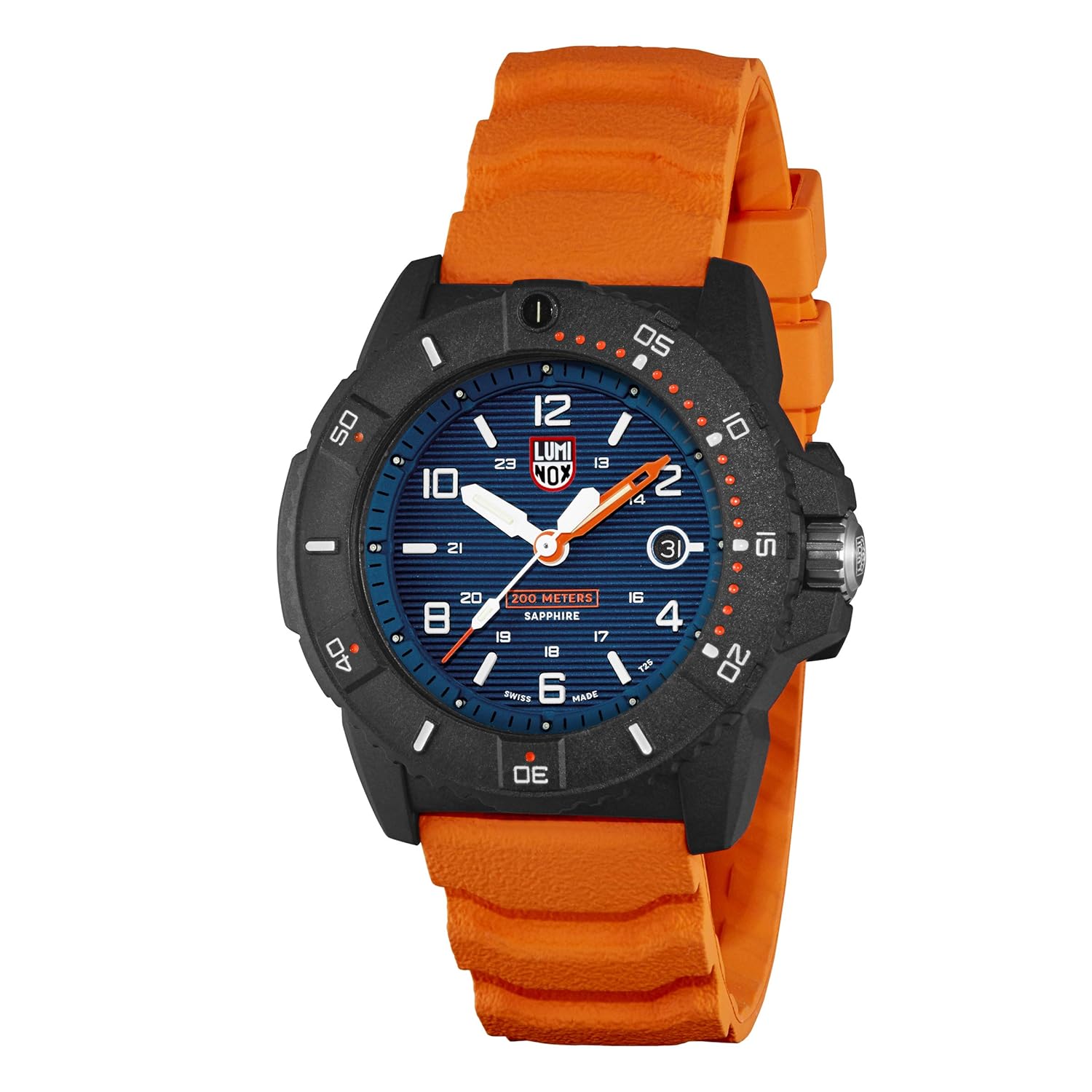 Luminox Rubber Xs.3603 Navy Seal Men Analog Watch Orange 45Mm Carbonox, Blue Dial, Orange Band
