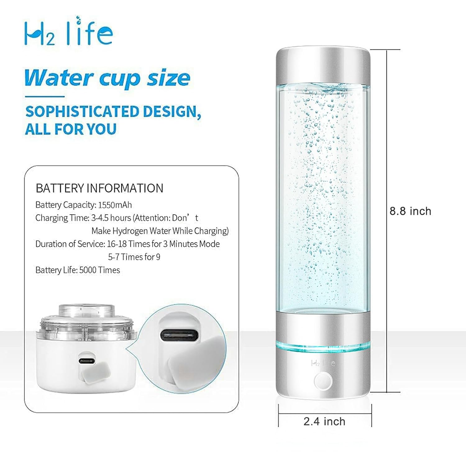 H2 Life Professional Hydrogen Sport Water Bottle, Portable Hydrogen-rich Water Generator with SPE and PEM, 320ml 1700/3700PPB Dual Mode Hydrogen Water Maker ionized for Travel