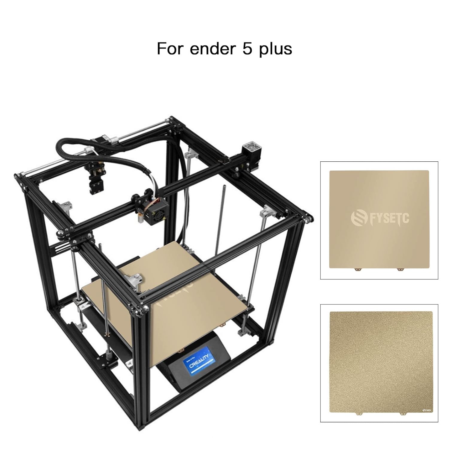 FYSETC 3D Printer Ender 5 Plus JanusBPS Build Plate: 377x370mm/ 14.84X14.56inch Double Sided Gold PEI Powder - Smooth PEI with Bottom Sheet Adhesive Spring Steel Platform Heated Bed Part