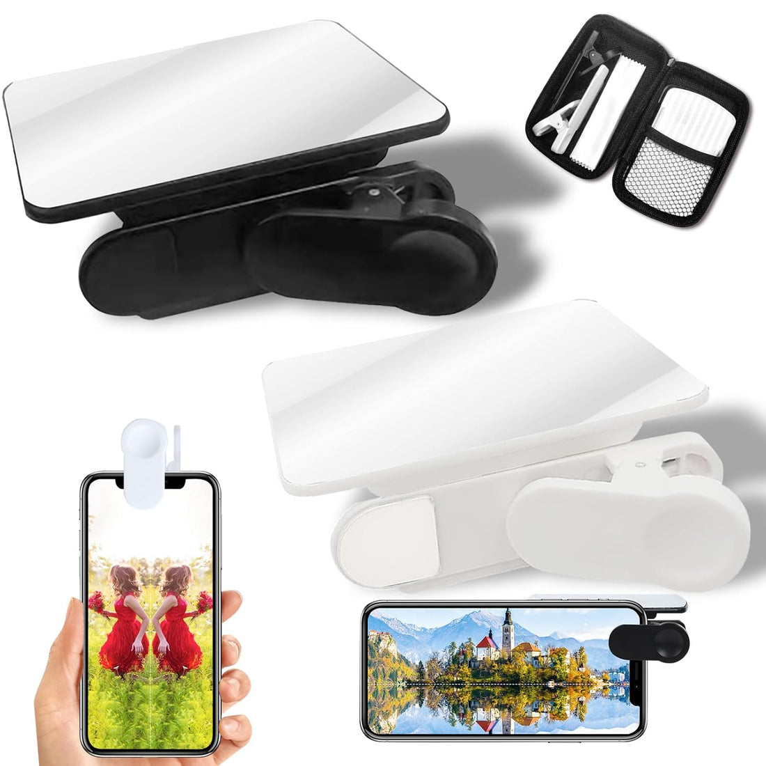 OneNine 2 Pcs Smartphone Camera Mirror Reflection Clip Kit, 2023 (White+Black) Adjustable Phone Camera Mirror Reflection Clip Kit, Mirror Reflection Clip Kit, Mirror Reflection for Phone Camera