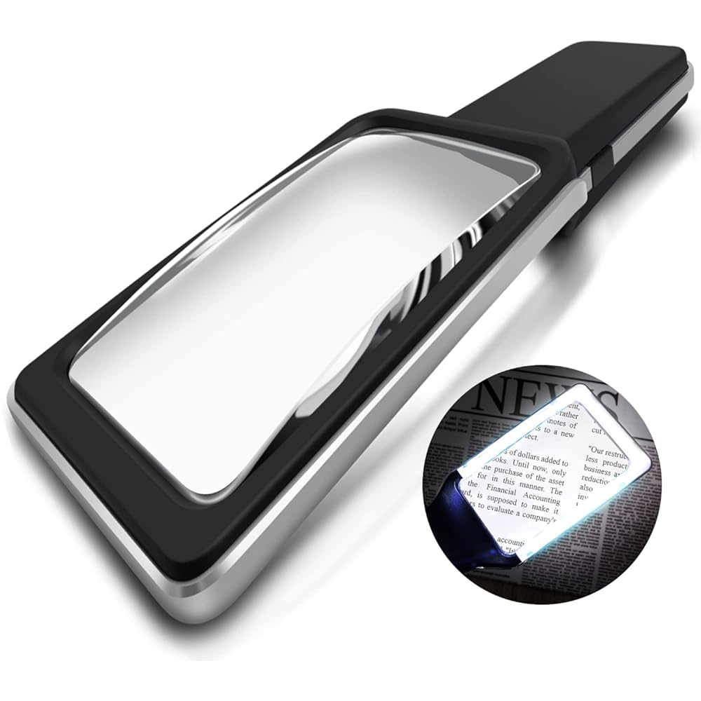 Large Ultra Bright Handheld Reading Magnifier(3x Magnification) with 4 built in LEDs- Comes with Protective Case-Wide Horizontal Viewing Area-Ideal For Reading Small Prints (Map, Newspaper, Magazine and More) By MagniPros