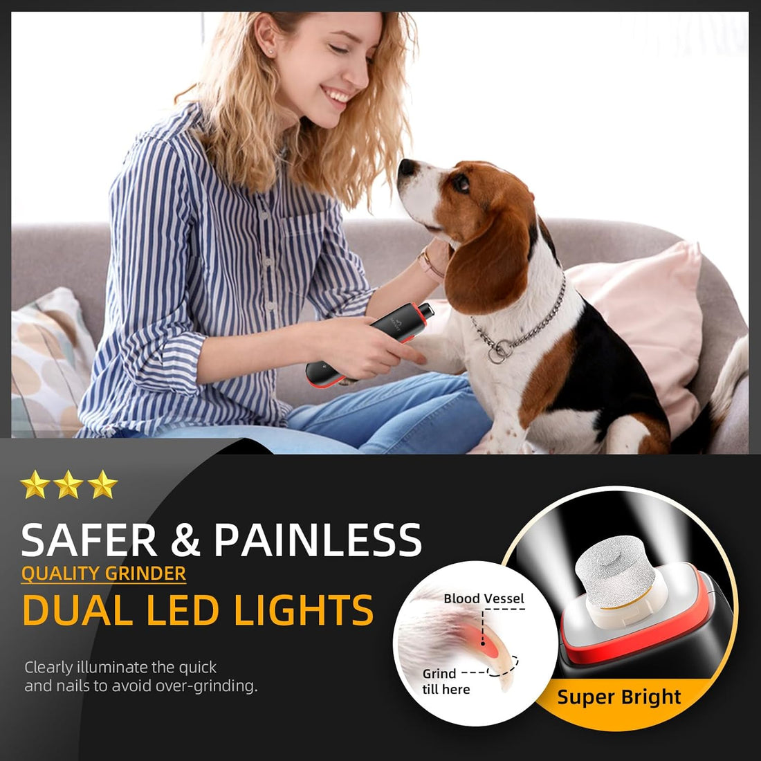 Dog Nail Grinder Quiet(40db), 2-Speed Dog Nail Trimmers with 2 LED Lights, Rechargeable Electric Dog Nail Trimmer for Pet Dog Nail Clipper Kit for Large Medium Small Puppy Dogs/Cats Animal Nail Care
