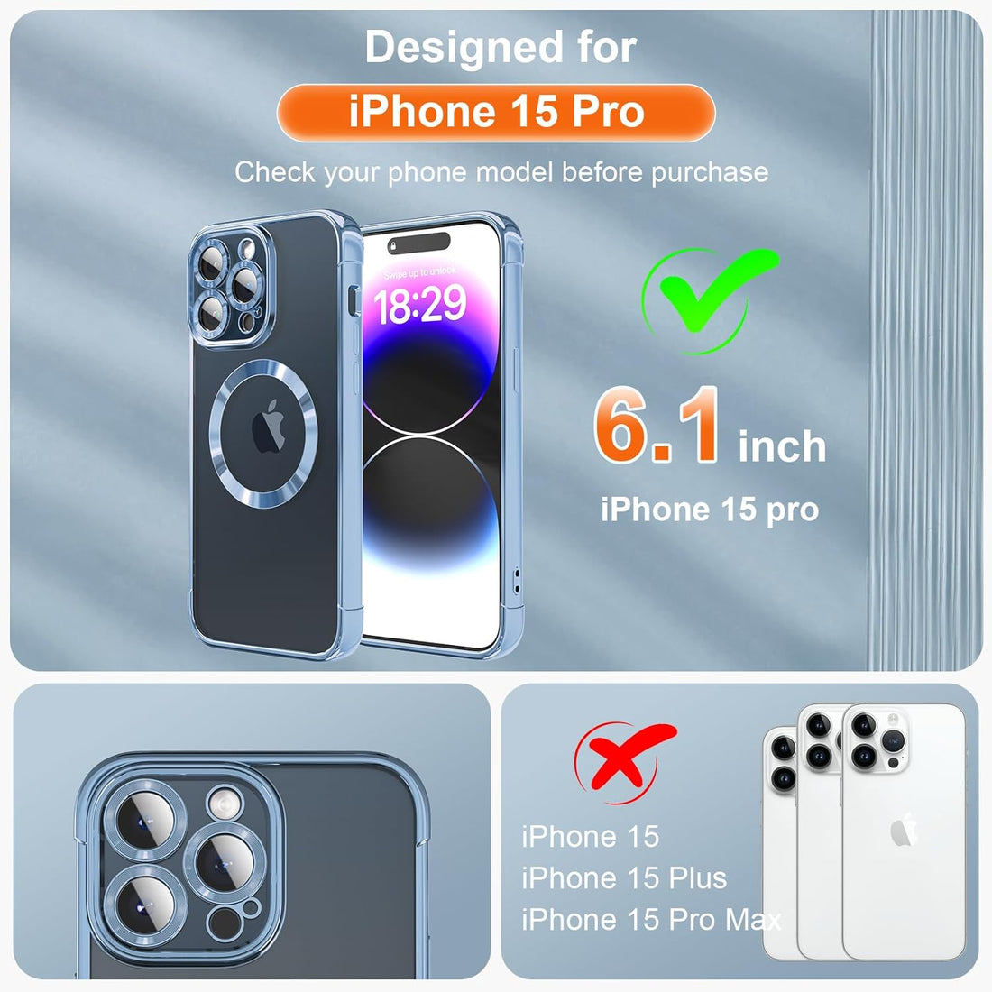 ICREEFUN for iPhone 15 Pro Case MagSafe with Camera Protector Full Protection Case iPhone 15 Pro Case Clear Cute for Women Men - Blue