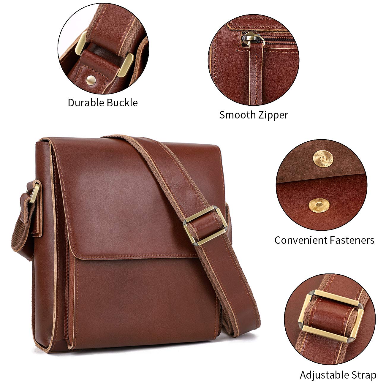 Augus Leather Messenger Shoulder Crossbody Bag for Men Work Business Vintage Magnetic Buckle Big Capacity Adjustable straps