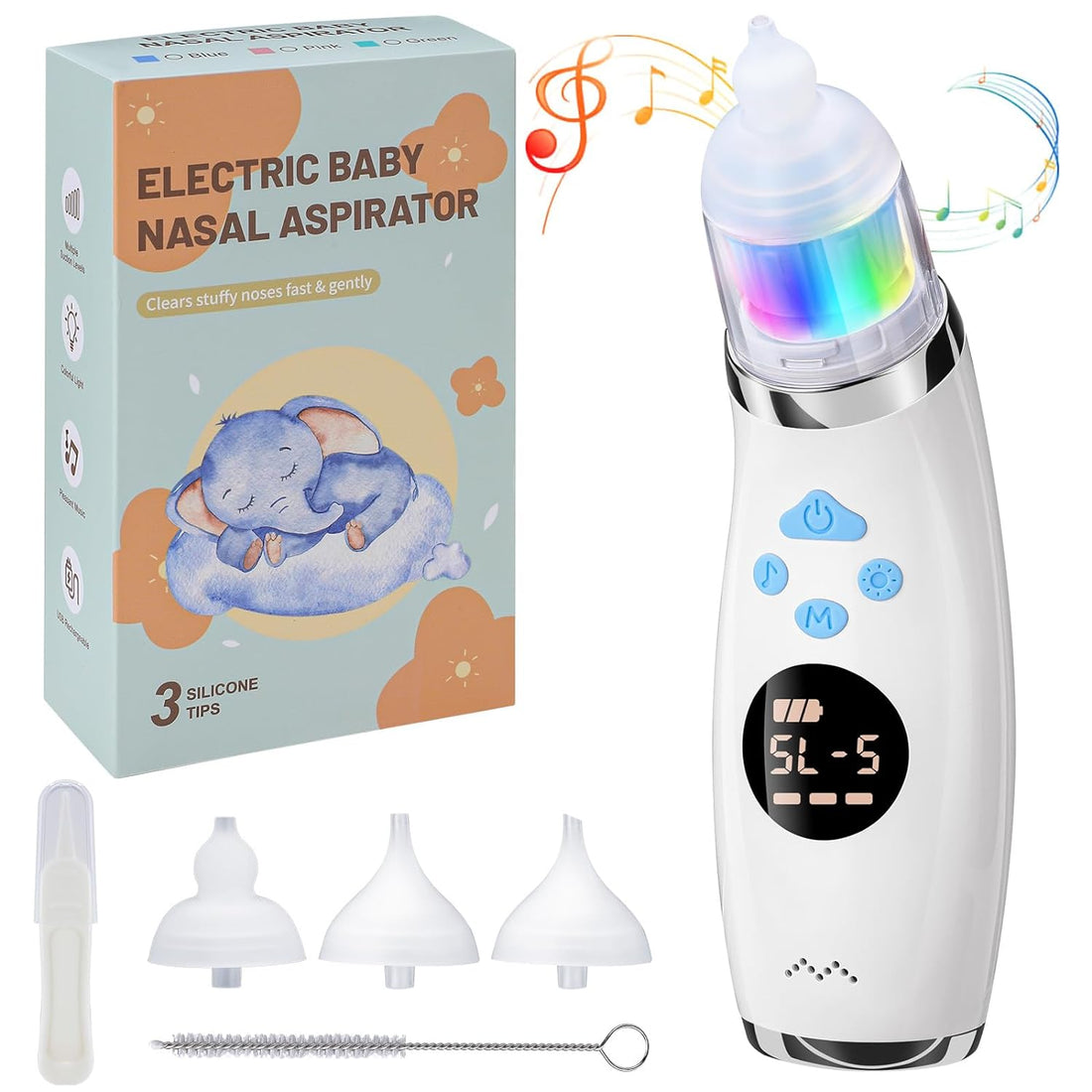 KKUYT Electric Nasal Aspirator for Baby, Baby Nose Sucker, Rechargeable Snot Booger Sucker Auto Nose Cleaner for Toldder with 5 Suction Modes, 3 Silicone Tips, Colorful Light & Soothing Music
