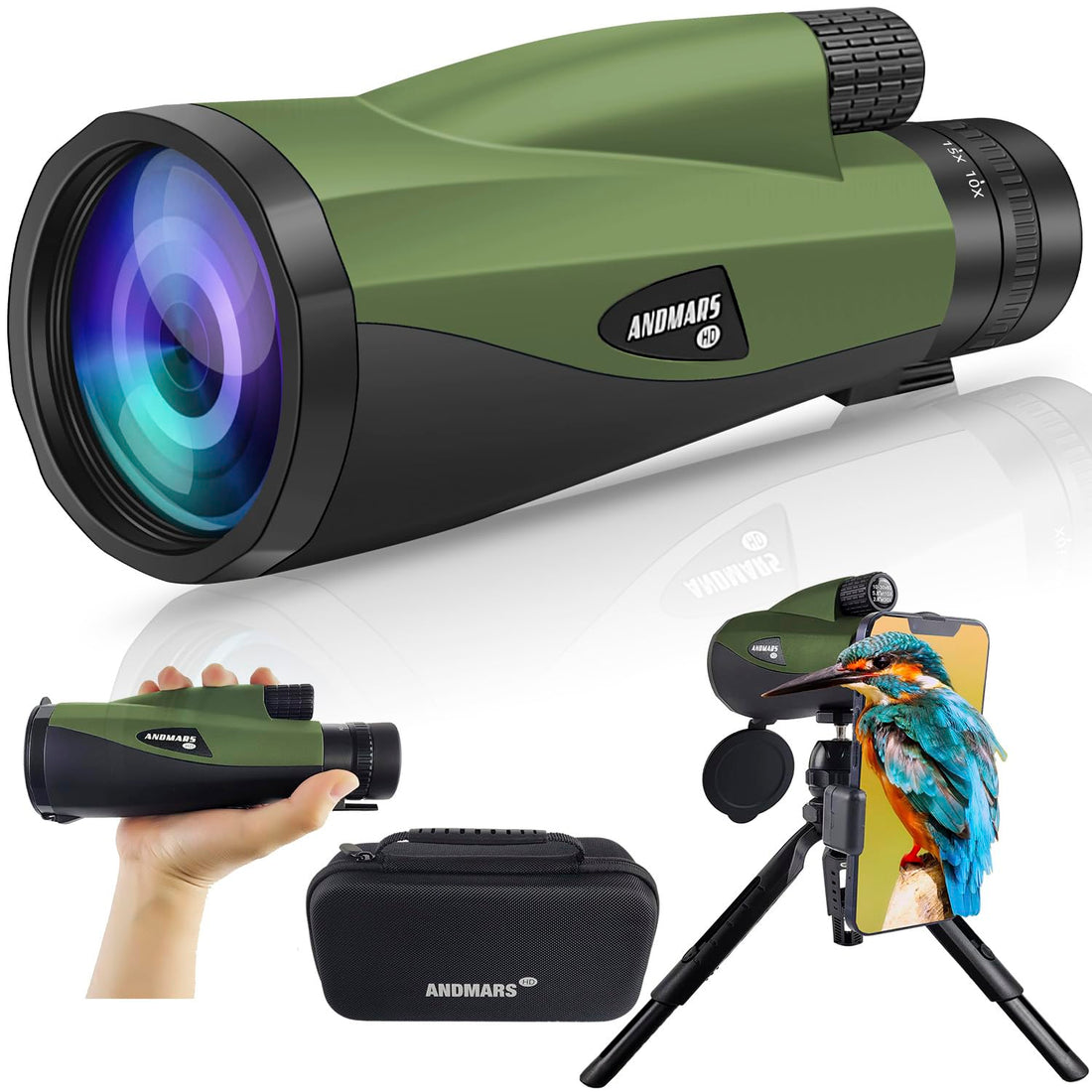 Andmars Zoom 10-30x60 High Power HD Monocular for Adults. Waterproof Telescope with Leather case, Metal Body, Phone Adapter and Tripod. FMC Coated & BAK4 Prism. for Birding Hiking Hunting. (Green)