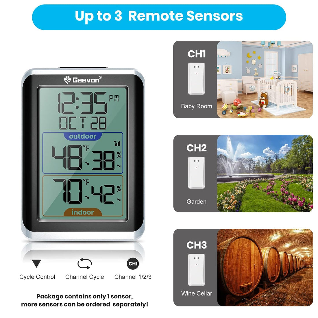 GEEVON Indoor Outdoor Thermometer Wireless Digital Hygrometer Temperature Gauge with Timeï¼Å’200ft/60m Range Temperature Humidity Sensor