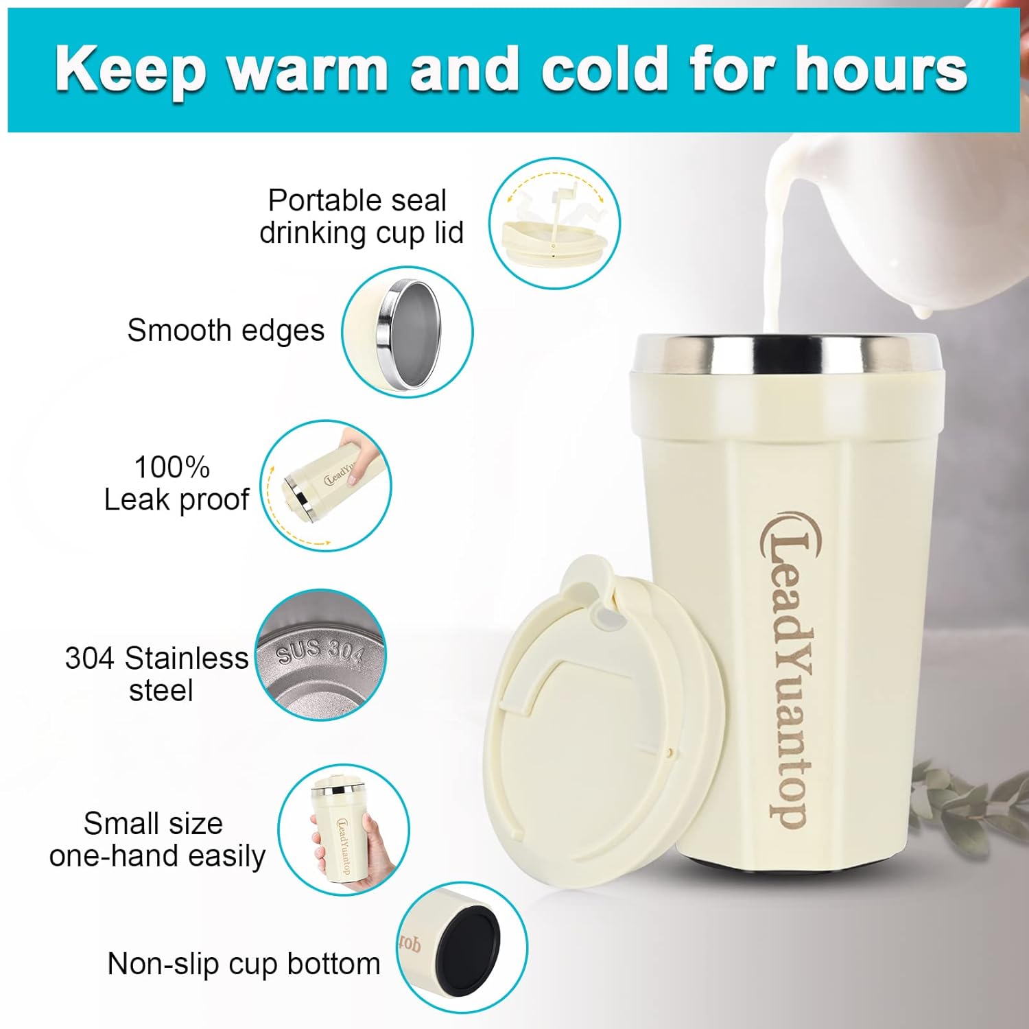LeadYuantop Water Cup, Insulated Tumbler Cup, Stainless Steel Glass Water Bottle, Coffee Travel Mug, for Tea, Coffee, Chocolate, Milk, Office, Home, 500ml