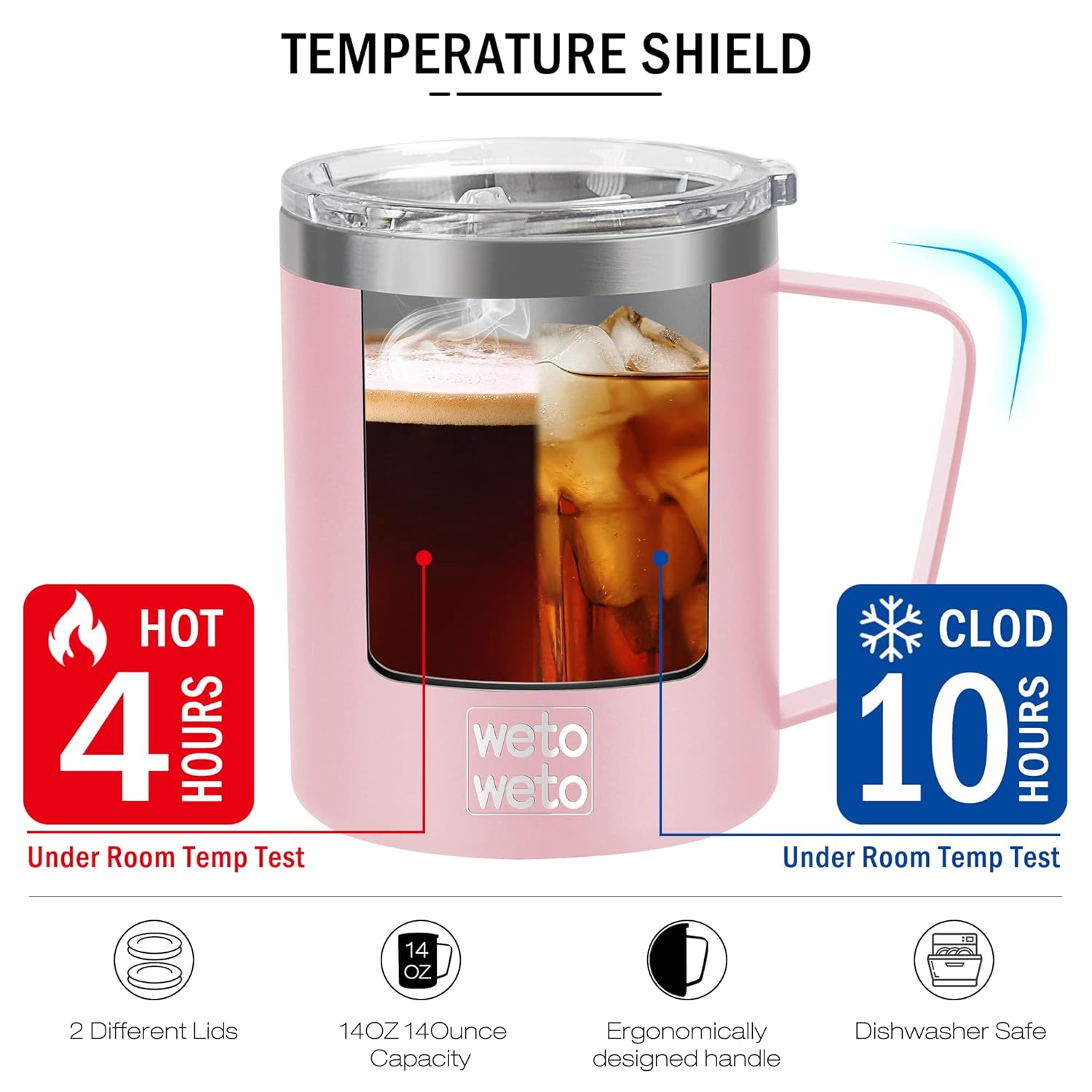 WETOWETO 14 oz Coffee Mug, Vacuum Insulated Camping Mug with Lid, Double Wall Stainless Steel Travel Tumbler Cup, Coffee Thermos Outdoor, Powder Coated Ice Pink