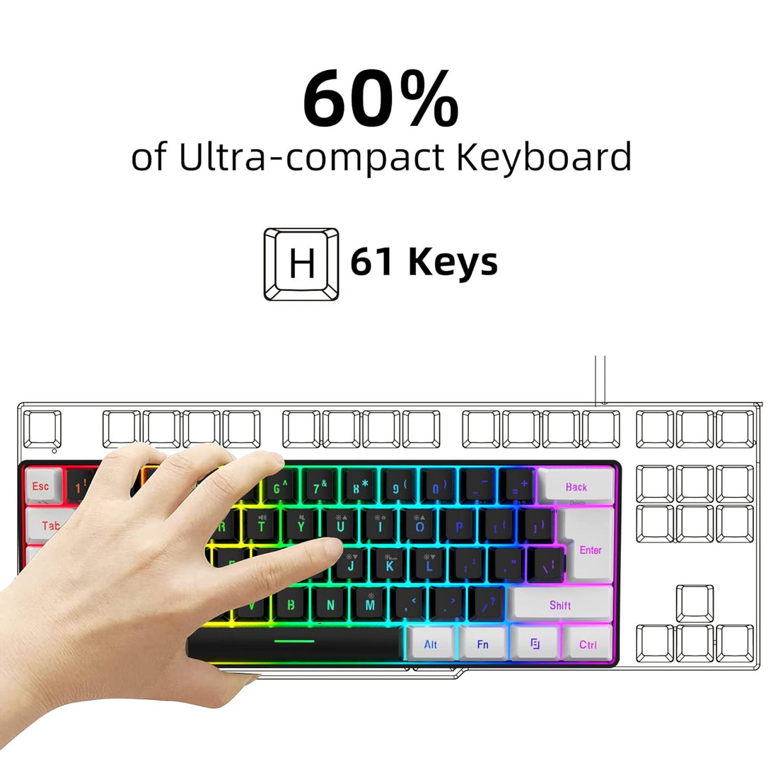 Snpurdiri 60% Wired Gaming Keyboard, Small RGB Backlit Membrane Gaming Keyboard, Ultra-Compact Mini Waterproof Keyboard for PC Computer Gamer White and Black