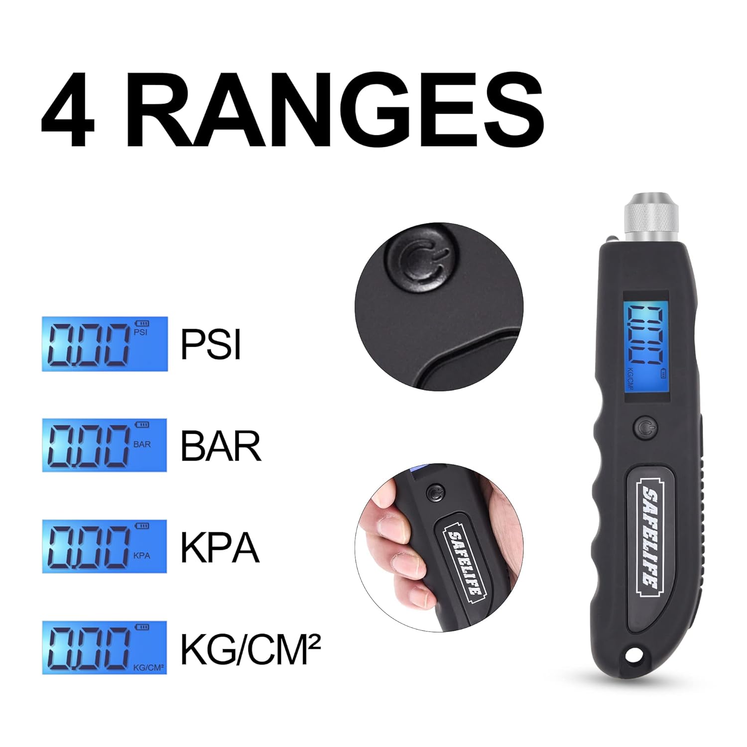 SAFELIFE Digital Tire Pressure Gauge 230 PSI 4 Setting with Larger Backlit LCD Flashlight for Truck and RV