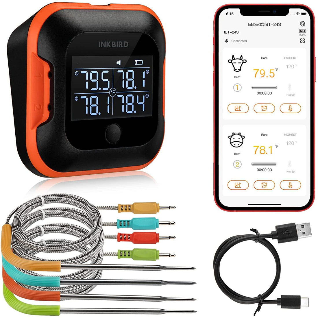 Inkbird 150ft Bluetooth Meat Thermometer with 4 Colored Probes, Temperature Graph Real-time Check & Download BBQ Grill Thermometer for Kitchen Food Smoker Thermometer IBT-24S, Rechargeable