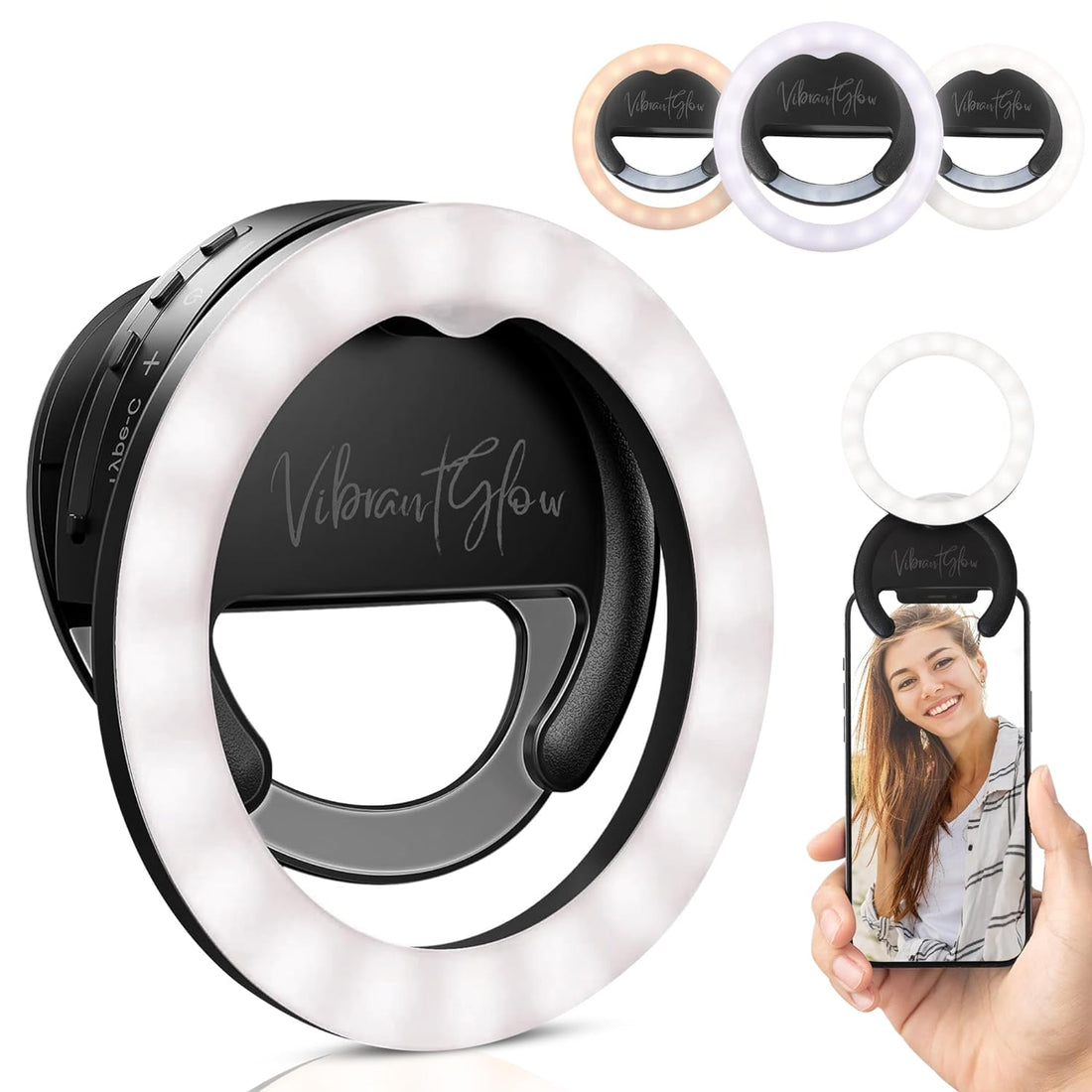 VibrantGlow 3-Mode Dimmable Selfie Ring Light USB-C Rechargeable for Phone/Laptop/Tablet, Screen Visible Clip, Carry Pouch, Great for Live Streaming, Photography, Social Media (Black)
