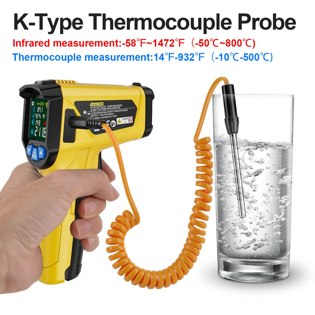 Infrared Thermometer Temperature Gun -58°F~1472°F, MESTEK Digital Laser Thermometer Gun with K Type Thermocouple Probe for Cooking, Pizza Oven, IR Thermometer Temp Gun with Adjustable Emissivity