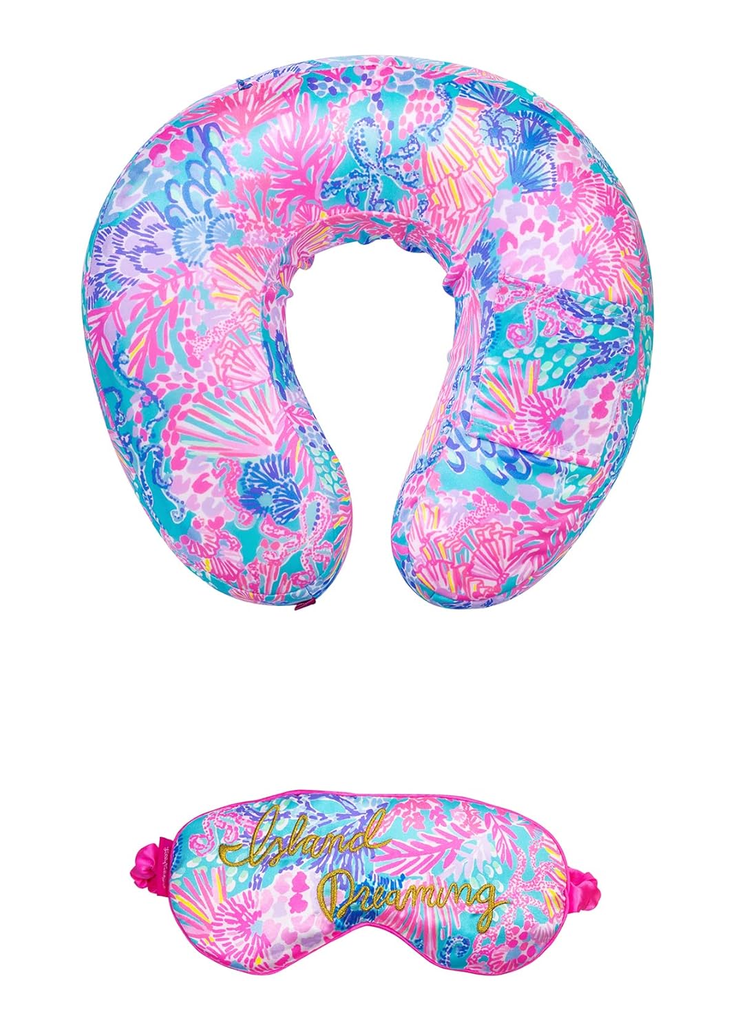 Lilly Pulitzer Travel Pillow and Eye Mask Set, Plush Neck Pillow and Adjustable Sleeping Mask, Cute Travel Accessories for Airplane, Splendor in The Sand