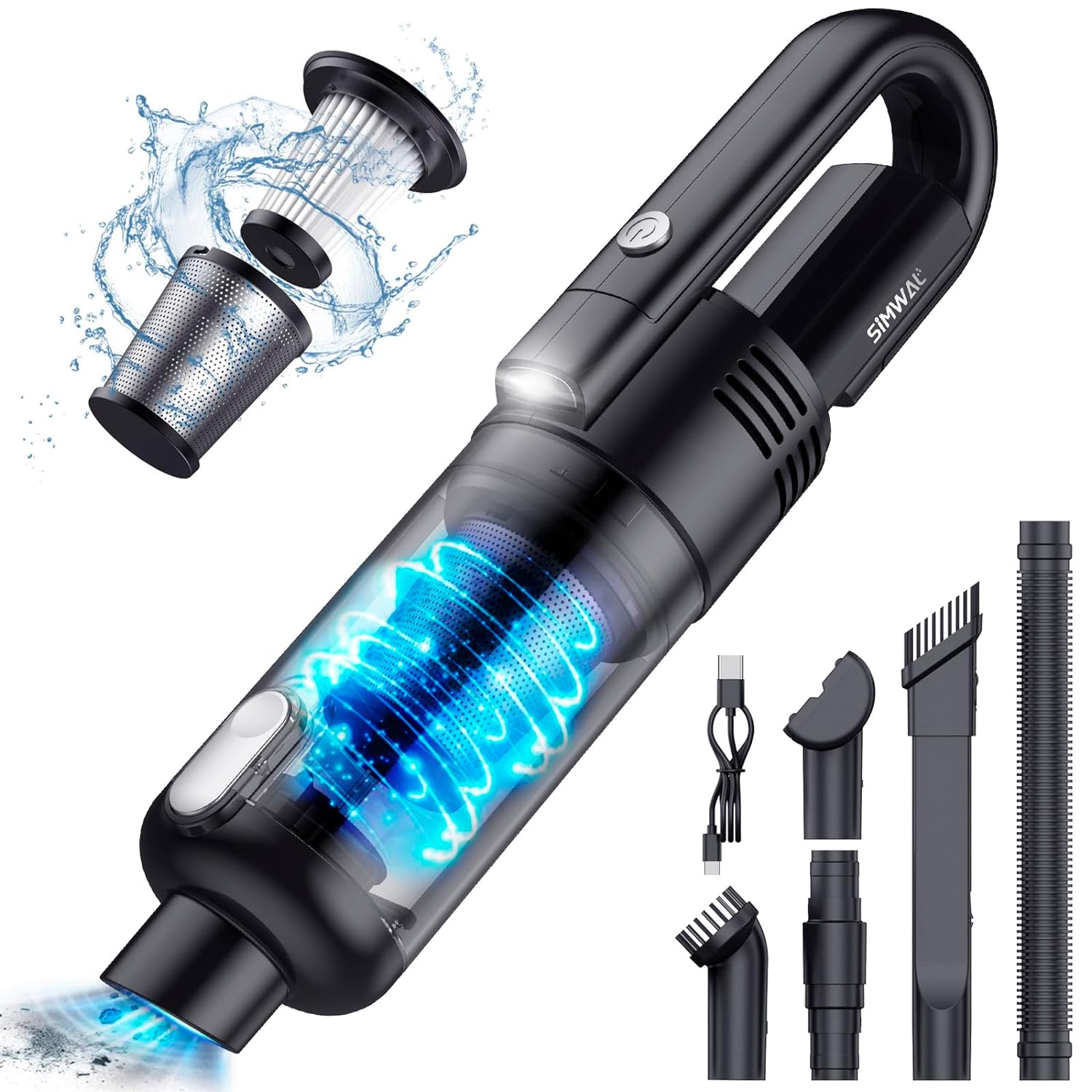 SIMWAL Mini Handheld Vacuum,7500PA Powerful Suction Car Vacuum Cleaner Cordless, Portable Rechargeable Hand Held Vacuum with LED Light Canister Filters for Home Office and Pet Hair Cleaning