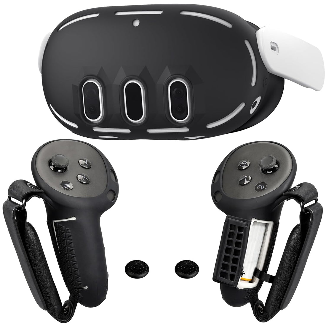 Controller Grips Cover VR Headset Shell Silicone Case Compatible with Meta/Oculus Quest 3 Accessories, Battery Opening Controller Grips Front Shell Headset Cover Skin Protector (Black)
