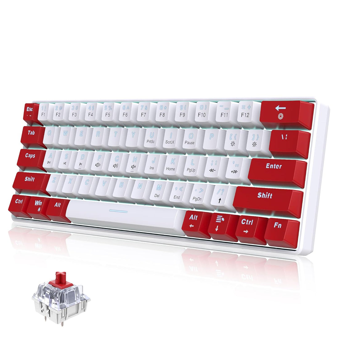 Snpurdiri Wired 60% Mechanical Gaming Keyboard, White LED Backlit Ultra-Compact Mini Office Keyboard for Windows Laptop PC Mac (Red-White, Red Switches)