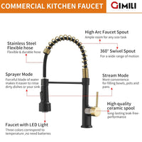 GIMILI Kitchen Faucet with Pull Down Sprayer High Arc Single Handle Spring Kitchen Sink Faucet Gold and Black Commercial Modern rv Stainless Steel Kitchen Faucets, Grifos De Cocina
