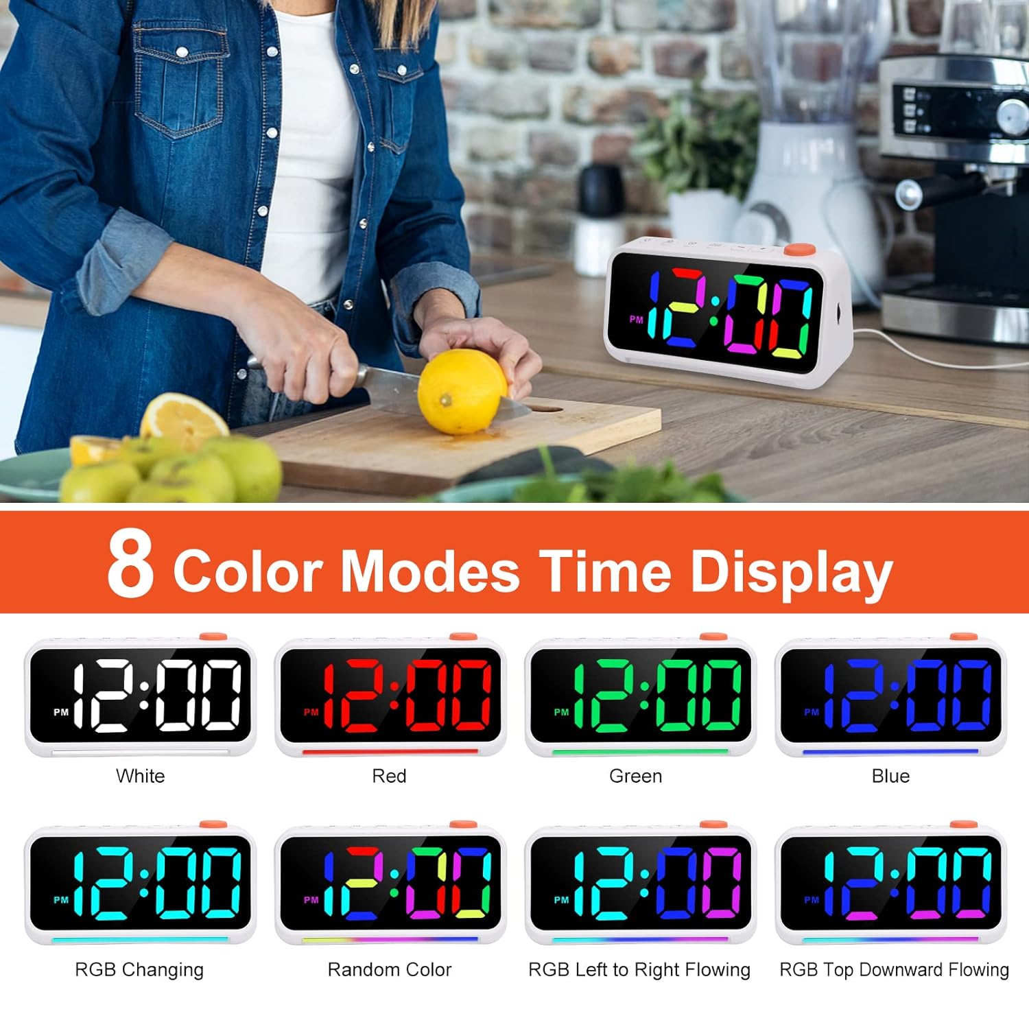 [RGB] Digital Alarm Clock for Bedroom, Dynamic RGB Color Changing, 7 Color Night Light, 3 Alarm Types, Adjustable Snooze Function, with USB Charger Port and Dimmer, for Kids, Teens, Heavy Sleepers