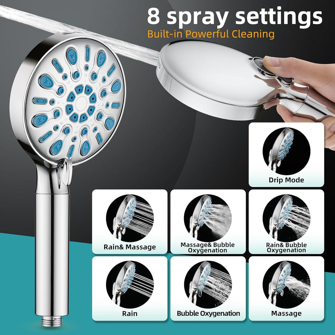 Heemli Filtered Shower Head,High Pressure 8-mode Handheld Showerhead with Hose,Bracket and Water Softener Filters Beads for Hard Water Remove Chlorine and Harmful Substance,Built-in Power Spray,Chrome