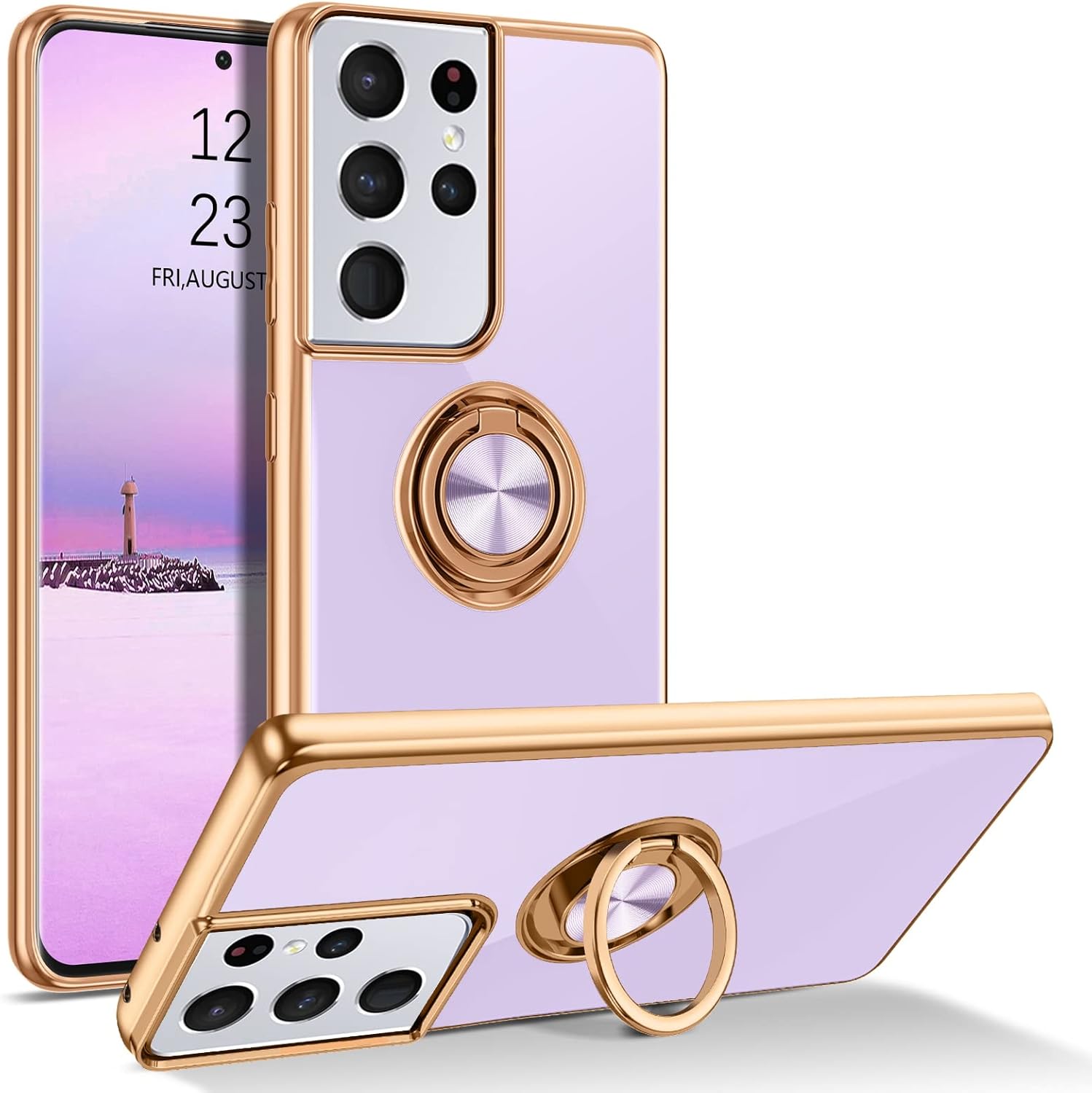 BENTOBEN Compatible with Samsung Galaxy S21 Ultra Case with 360° Ring Holder, Shockproof Slim Kickstand Magnetic Women Men Non-Slip Protective Phone Case for Galaxy S21 Ultra 6.8 inch,Purple/Gold