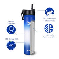 Vmini Water Bottle with Straw, Wide Rotating Handle Straw Lid, Wide Mouth Vacuum Insulated Stainless Steel Water Bottle, Gradient Blue+White+Blue, 24 oz