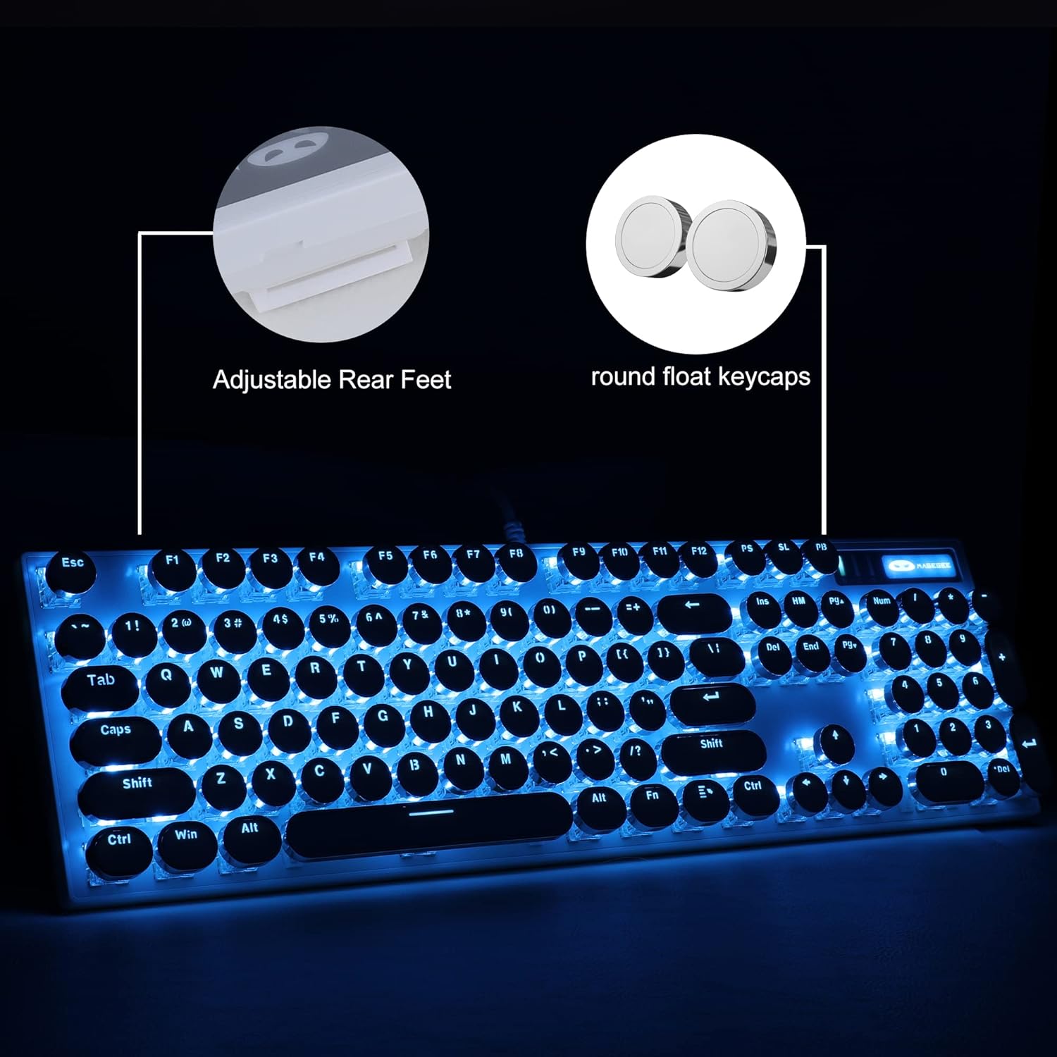 Typewriter Style Mechanical Gaming Keyboard, White Retro Punk Gaming Keyboard with Blue Backlit, 104 Keys Blue Switch Wired Cute Keyboard, Round Keycaps for Windows/Mac/PC