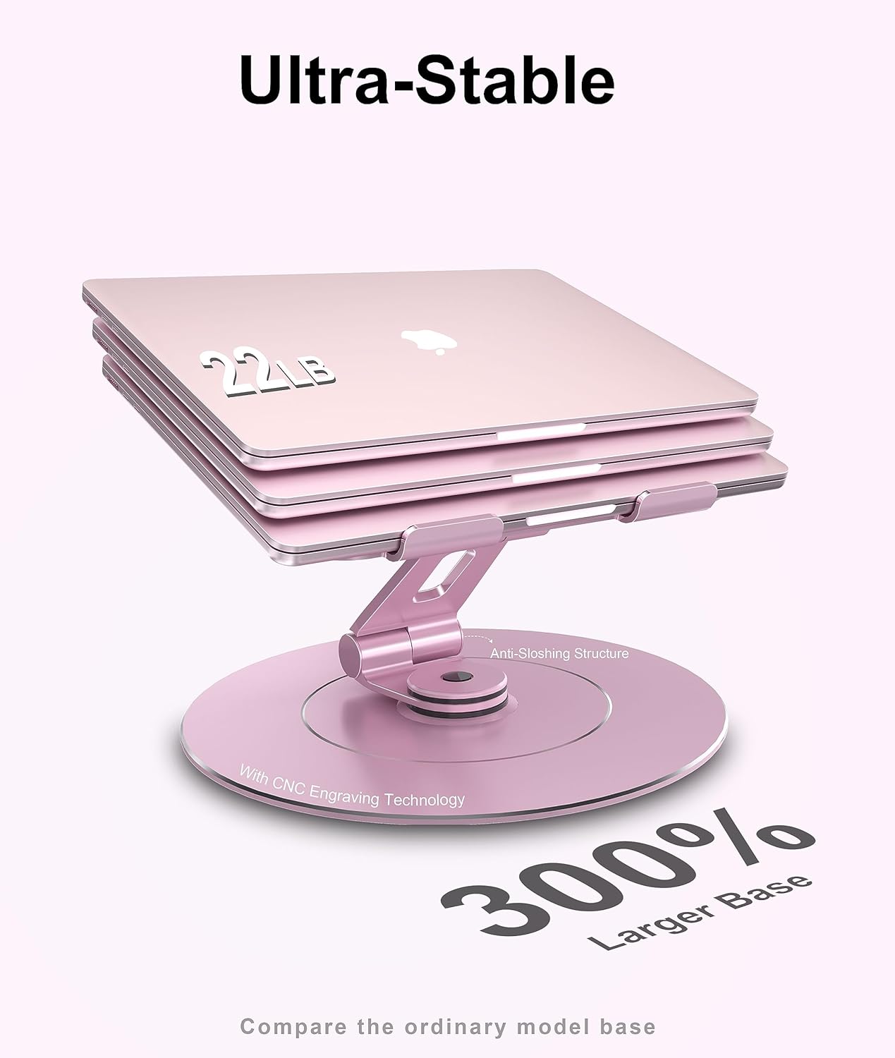 LOXP Ultra-Stable Swivel Laptop Stand for Desk, 300% Larger Base Stability, Military-Grade Aluminum, Anti-Loosening Structure, Height Adjustable Laptop Stand, Suitable for 10"-17.3",Pink