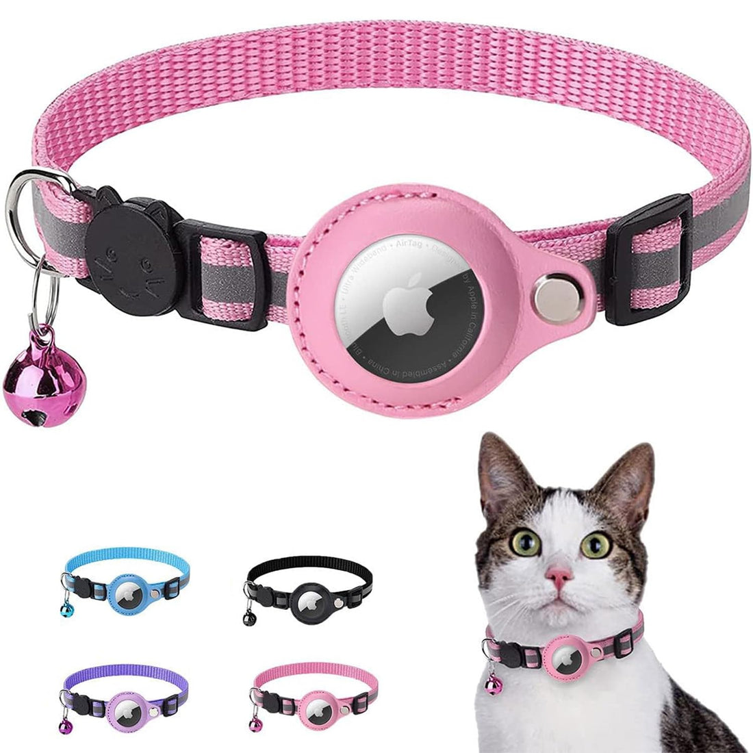 Cat Collar Breakaway with Airtag Holder - Adjustable Reflective AirTag Cat Collar with Bell Integrated Kitten Collar GPS Cat Collars Tracker for Girl Boy Cats Puppies (Pink)