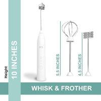 Real Simple Milk Frother and Whisk Set | USB Rechargeable Milk Frother with Stainless Steel Attachments and 5 Coffee Stencils | Perfect Handheld Milk Frother for Coffee Lovers | White