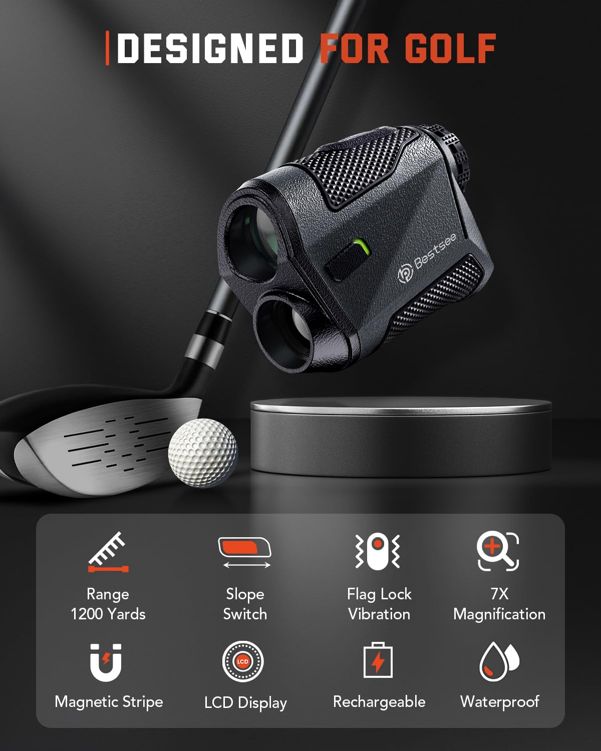 Bestsee Golf Rangefinder with Slope, 1200 Yards Laser Range Finder Golf，Flag Pole Locking Vibration, 7 X Magnification, USB Rechargeable Range Finder with Magnet Stripe