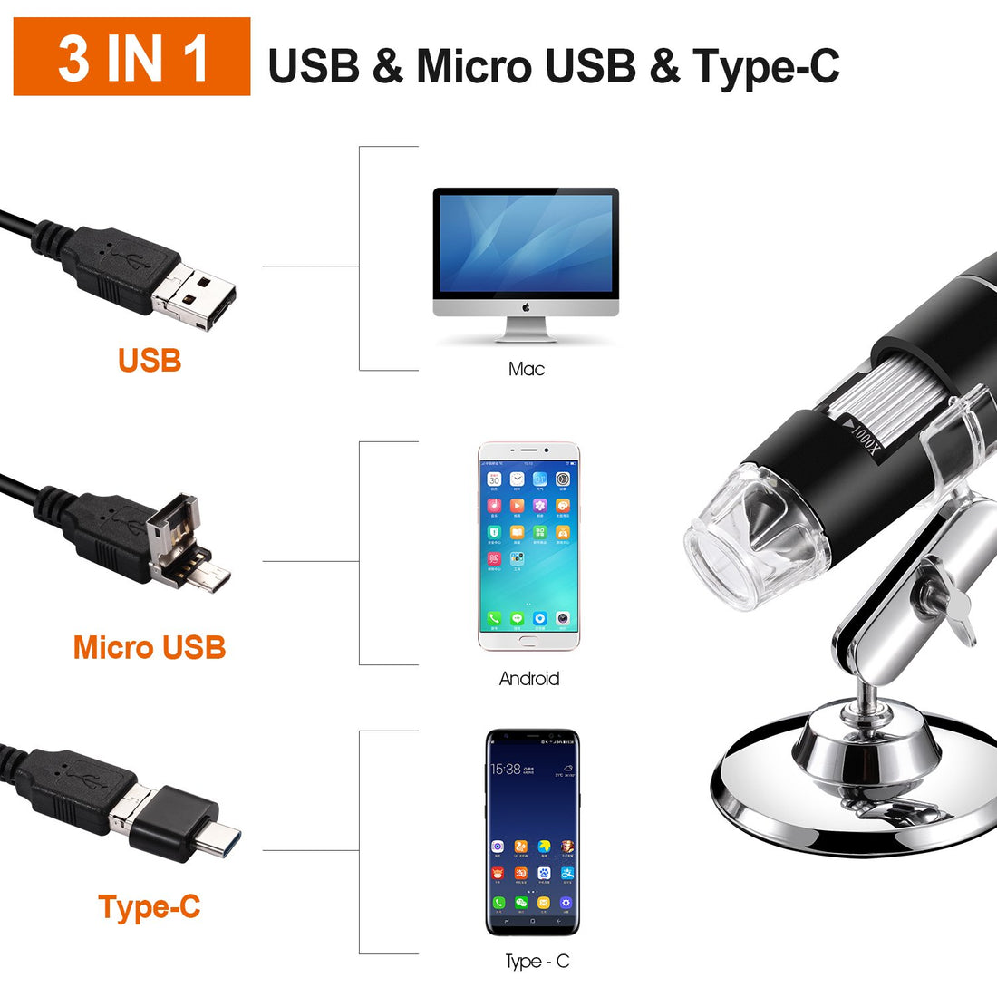 USB Digital Microscope, Bysameyee Handheld 40X-1000X Magnification Endoscope, 8 LED Mini Video Camera for Windows 7/8/10 Mac Linux Android (with OTG) (Digital Microscope)
