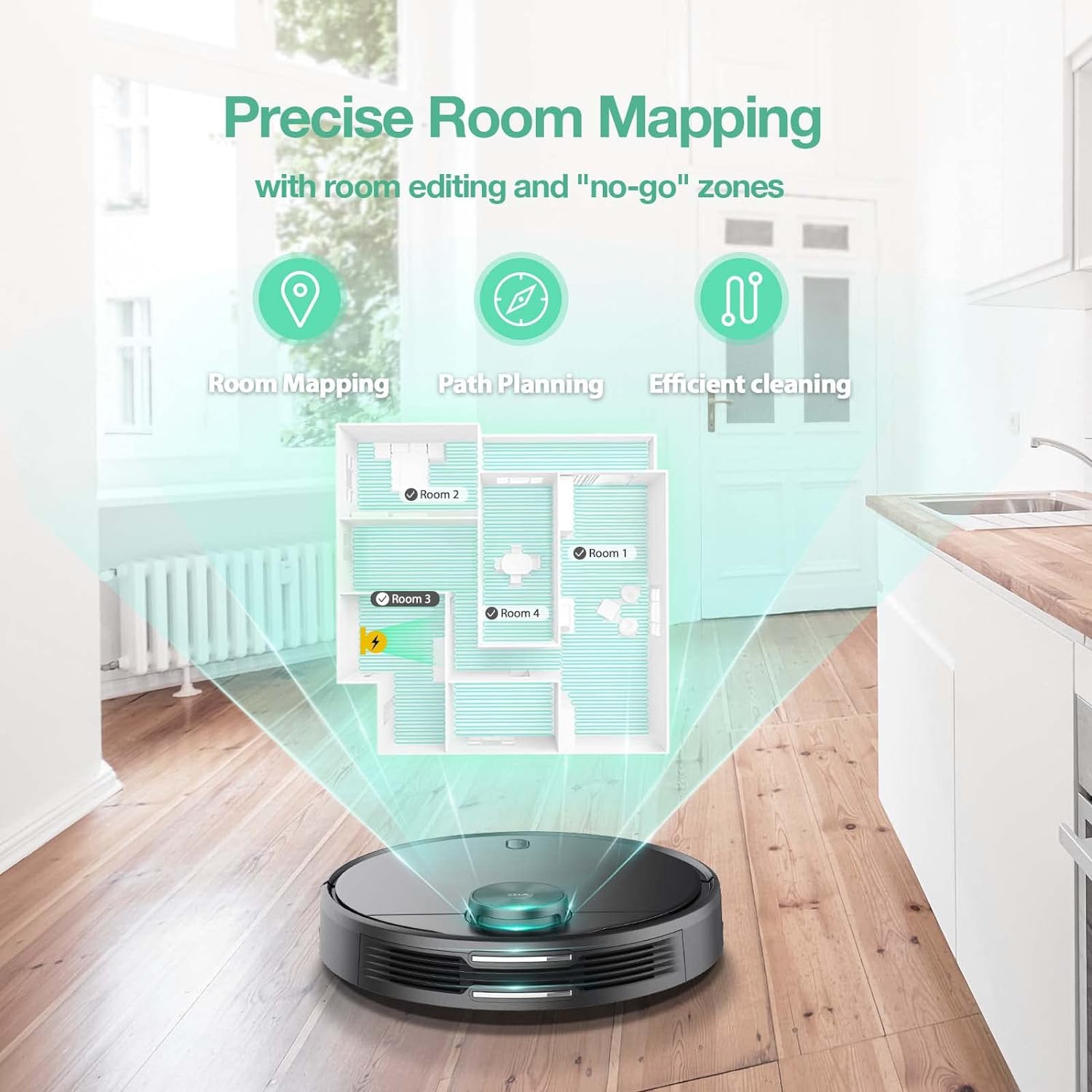 Wyze Robot Vacuum Home Cleaner with Wi-Fi Connected, 2100Pa Strong Suction Robotic Cleaner, Self-Charging Robot Vacuum for Pet Hair, Cleans Hard Floors & Carpet, Laser Navigation, Virtual Walls