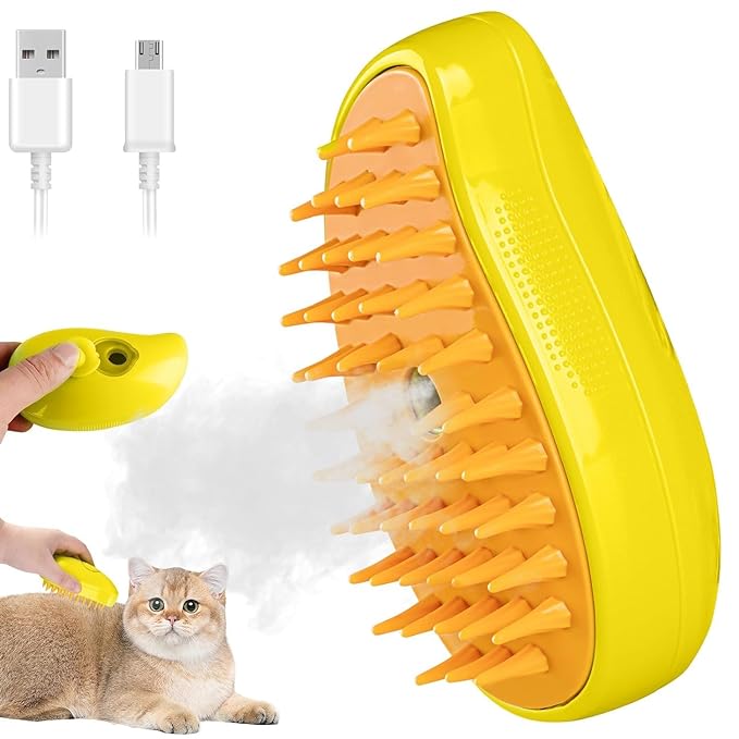 Cat Steam Brush, Dog Steam Brush, Steam Brush for Cats and Dogs, 3 In 1 Steamy Pet Brush, Steaming Pet Hair Brush, Cat and Dog Comb with Steam, Pet Grooming Brush for Cats (Yellow)