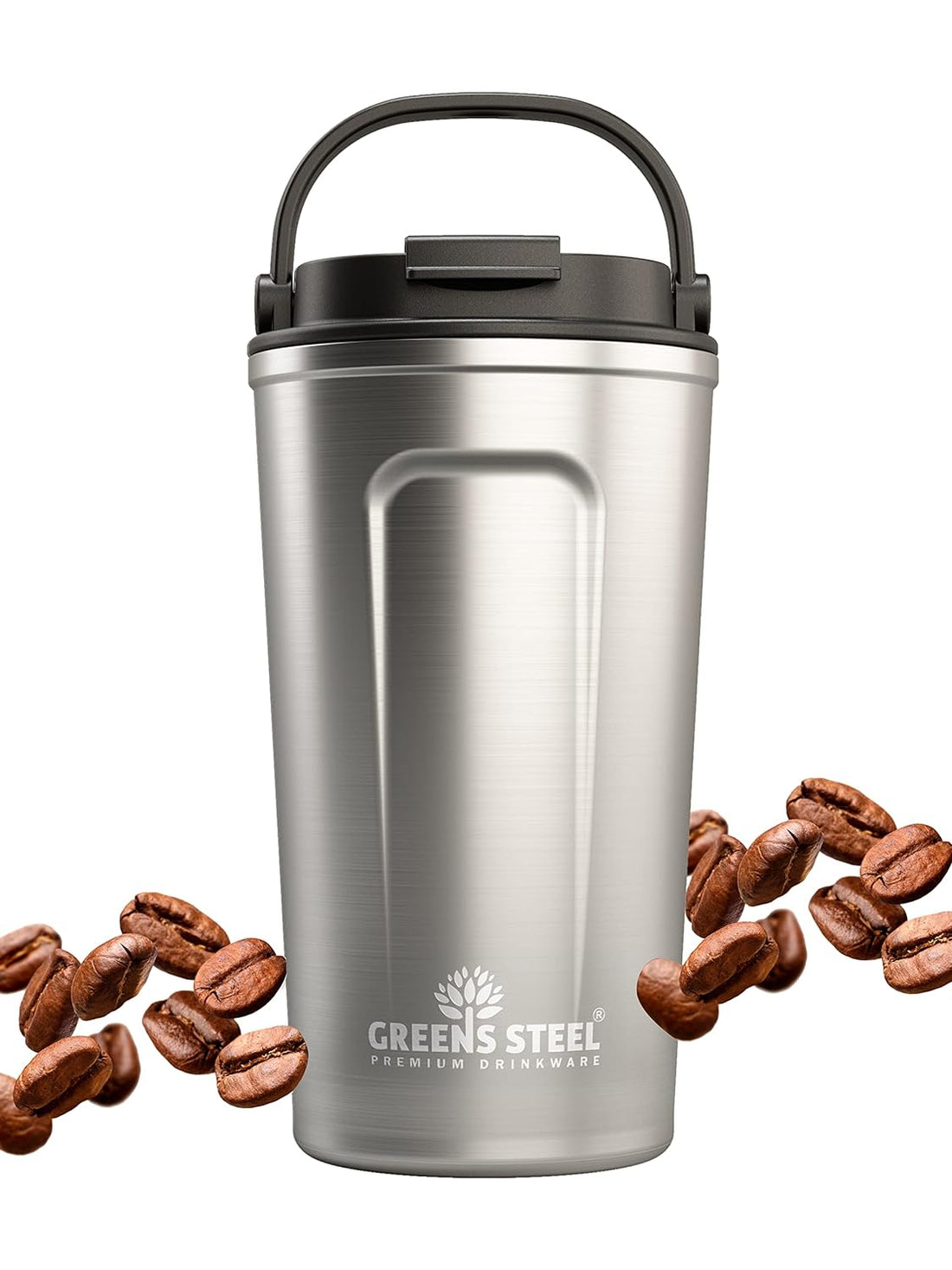 Reusable Coffee Cup with Lid and Handle - Stainless Steel Insulated Coffee Mug for Hot & Cold Drinks - Ideal Travel Mugs - 100% Leak-Proof Tumbler - 16 oz Steel