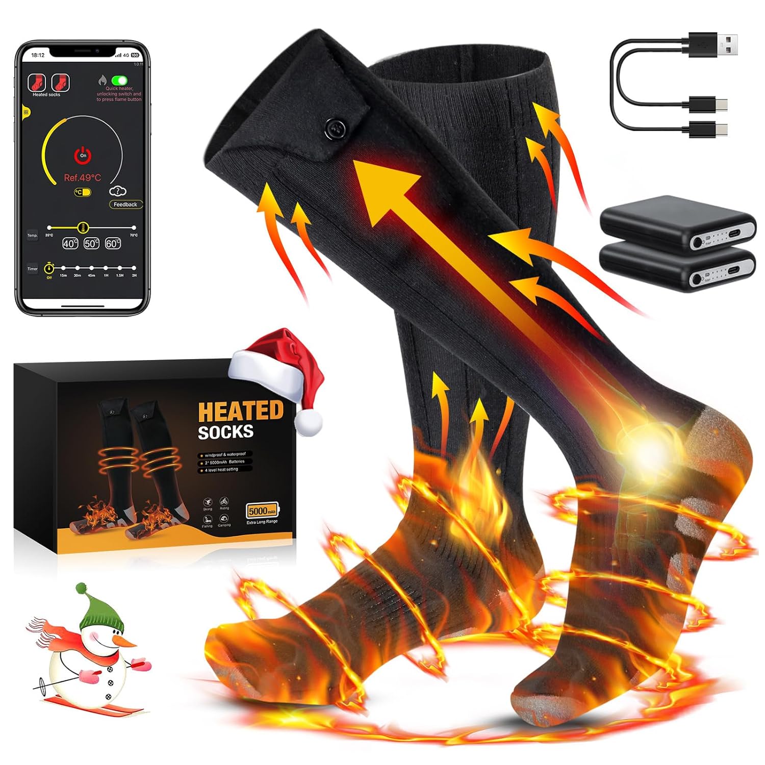 Heated Socks for Men Women, 5000mAH Rechargeable Washable Electric Socks with App Control, Battery Powered Warming Socks with 4 Heat Settings, Thermal Foot Warmer Socks for Hunting Hiking Ski Camping